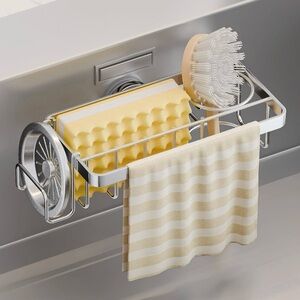 TAILI 4-in-1 Sponge Holder for Kitchen Sink with Strong Sucion Cup-Silver